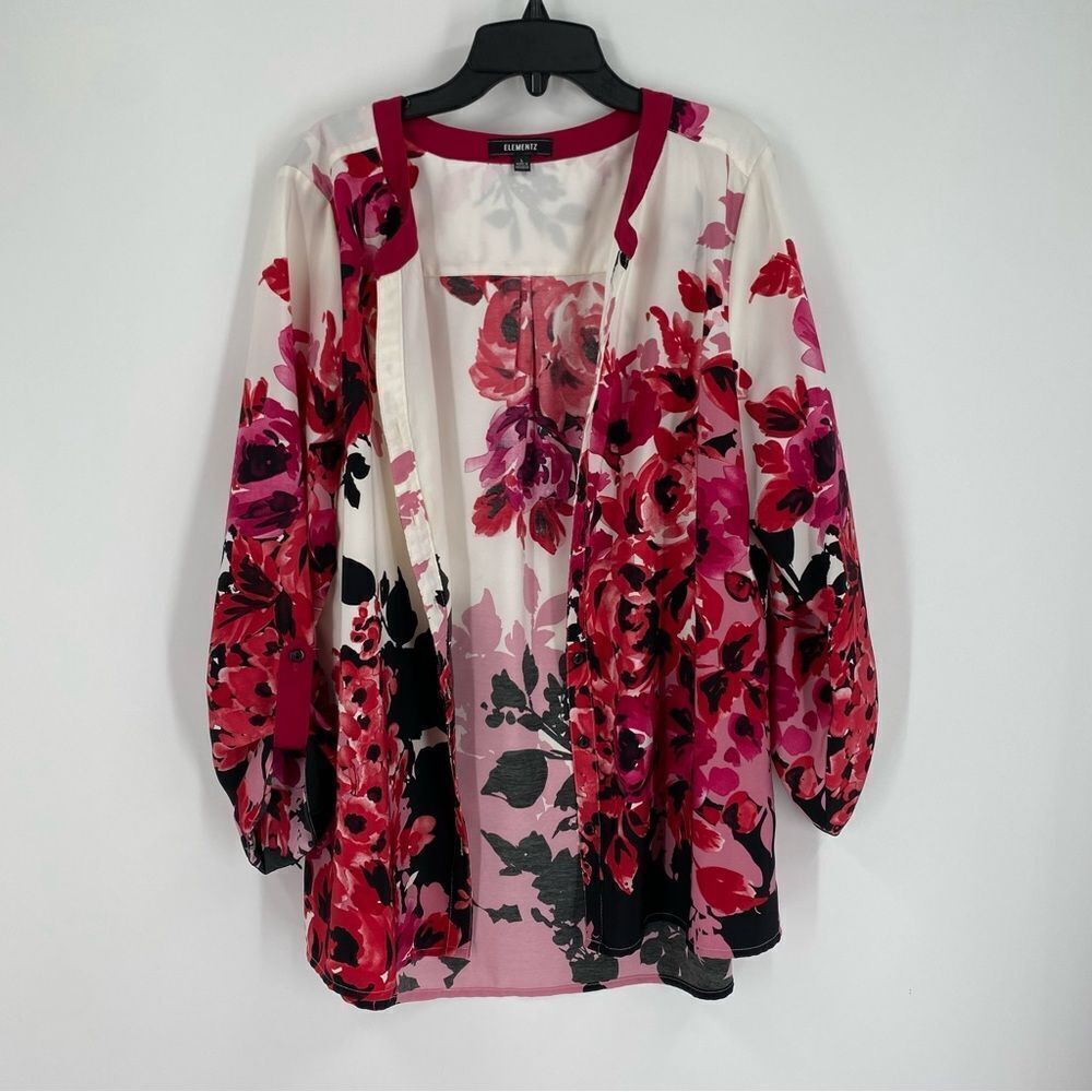 Elementz Women’s Button Front Floral Long Sleeve Satin Blouse Size L